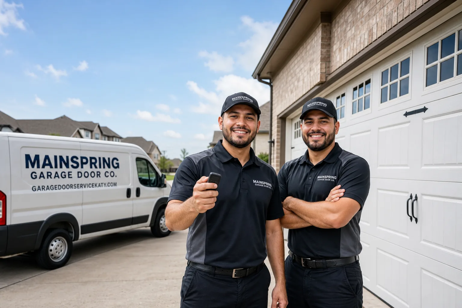 Mainspring Garage Door Co. garage door service vehicle and crew in Katy, TX